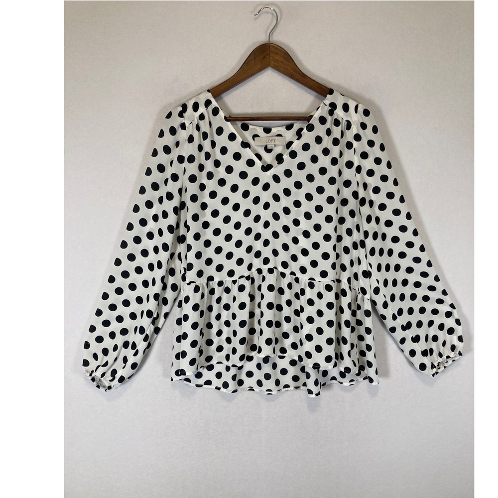 Retro‎ Mod LOFT Womens Size M White Black Polka Dot V-Neck Peplum Blouse Top